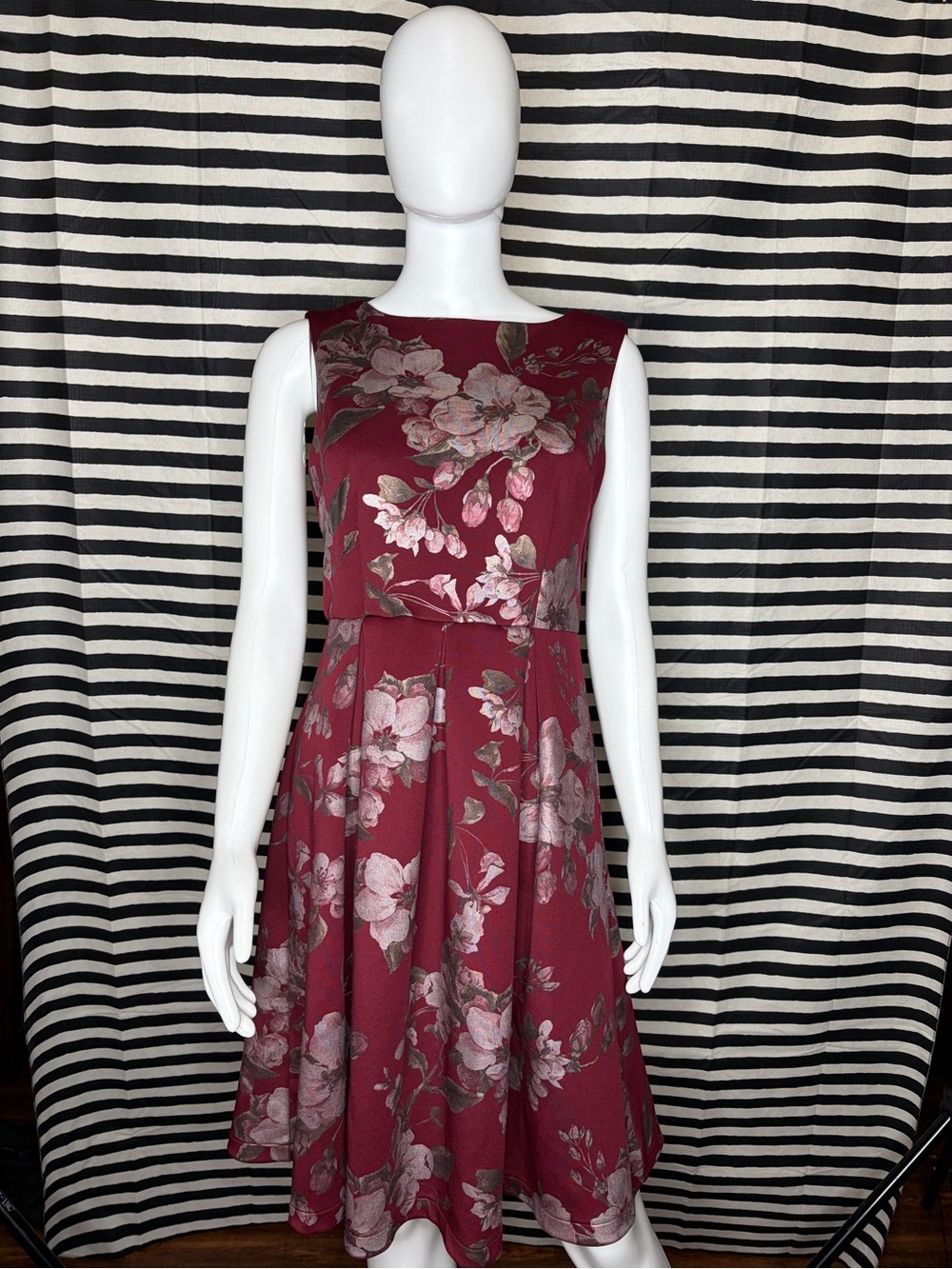 Studio One Burgundy Floral Fit-and-Flare Dress